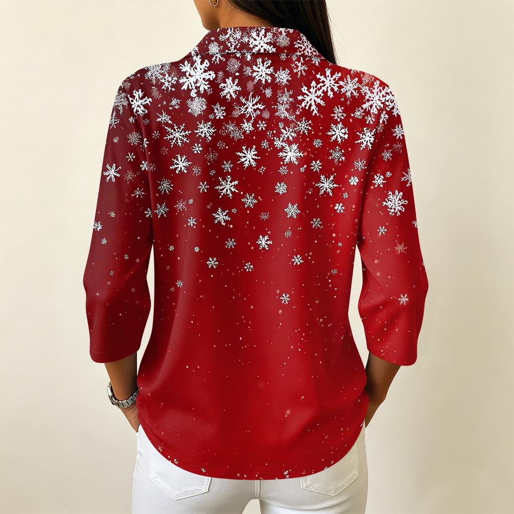 Women's Casual Christmas Print Button Down Shirt, Three-Quarter Sleeve Collar Blouse for Holiday Outfits