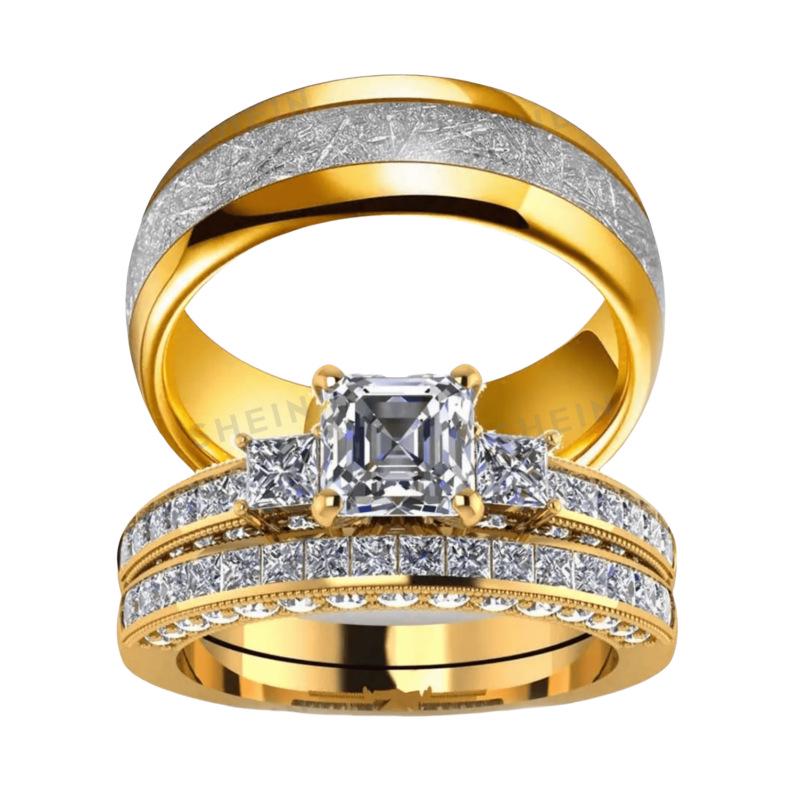 Elegantní geometrické čtyřnásobné pavé diamantové snubní prsteny pro pár - Nádherný, Módní, Delikátní design