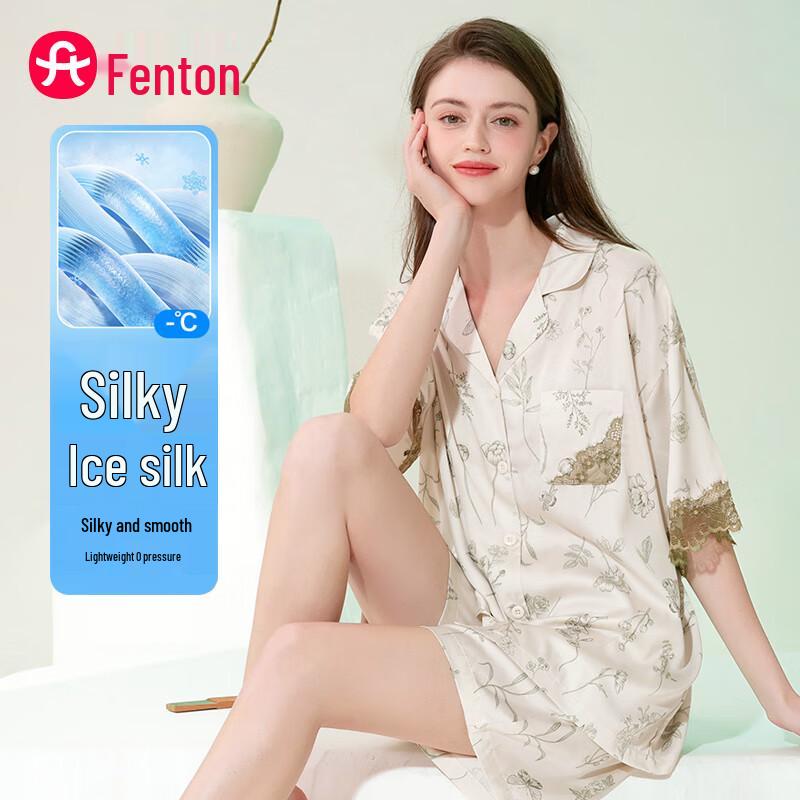 Fenteng Women s Ice Silk Printed Short Sleeve Pajama Set L