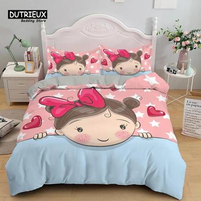 Cute Sweet Girl Duvet Cover Cartoon Style Bedding Set Microfiber 3D Comforter Cover King Twin For Kid Girls Teen Gift Room Decor