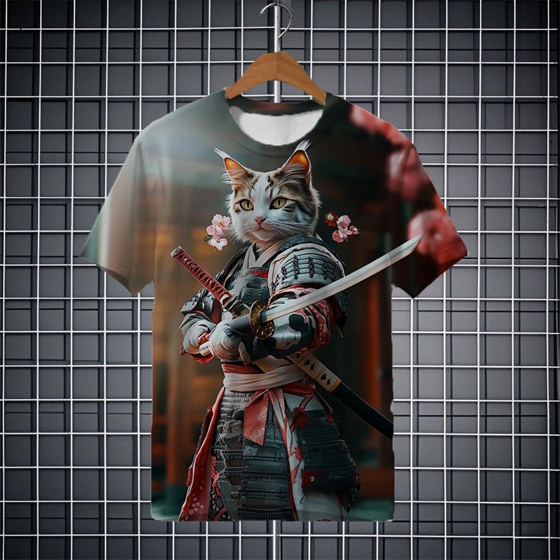 Fashion Japanese Samurai Cat  3D Print Men's short Sleeve T-shirt Fashion festival Crew Neck t shirt Tops polyester Men Clothing