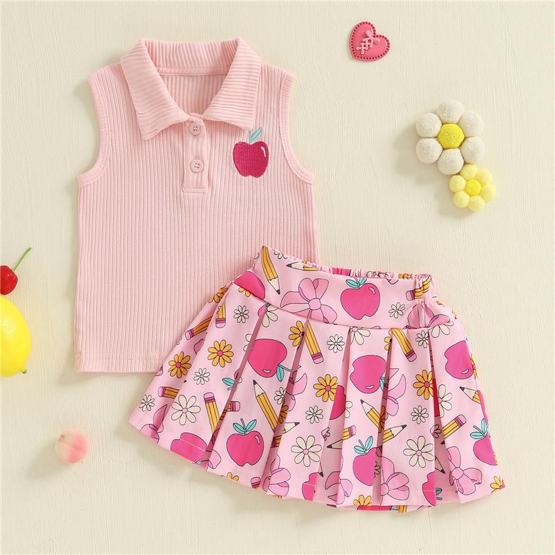 

Kids Girl Back to School Outfit Baby Embroidery Lapel Tank Tops and Pleated Skirt Set for Toddler Summer Clothes 2-3Y