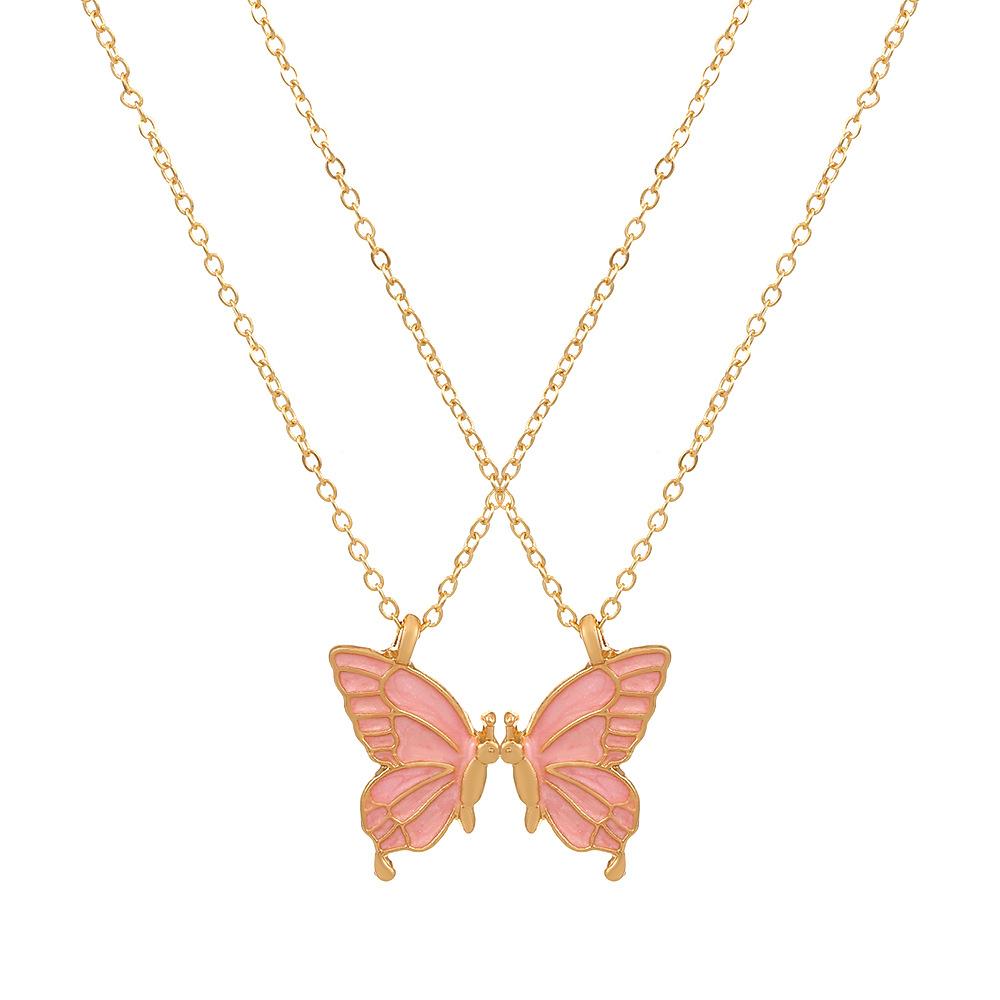 Split Butterfly Pendant Necklace Set Pink Enamel Matching Butterfly Necklaces for Best Friends