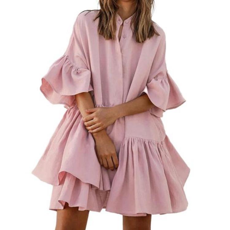 

Summer Casual Loose Swing Dress for Women Babydoll Tiered Ruffle Sleeve Pleated Mini Mid-Length Dress Daily Life Beach Parties S розовый