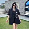 Blazer Nero a Maniche Corte Ricamato con Farfalle High Sense per Donna Estate Design di Nicchia Capo Esterno Completo Top