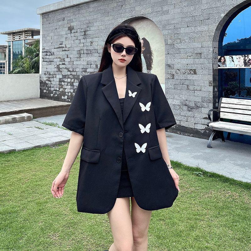 Blazer Nero a Maniche Corte Ricamato con Farfalle High Sense per Donna Estate Design di Nicchia Capo Esterno Completo Top