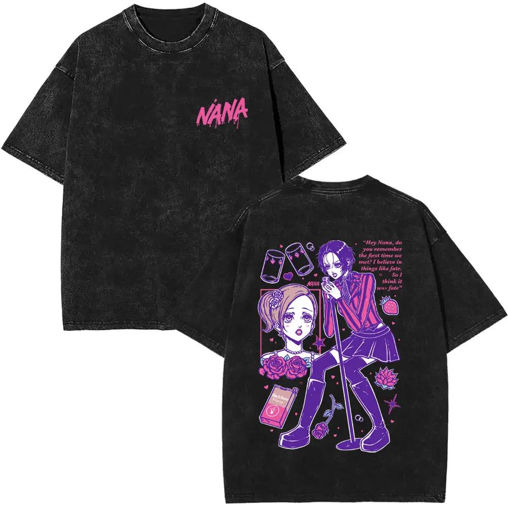 Anime Nana Osaki Vintage Washed T-shirts Grunge Black Stones Y2k Streetwear 90s Cartoon Oversized Short Sleeve T Shirt Unisex