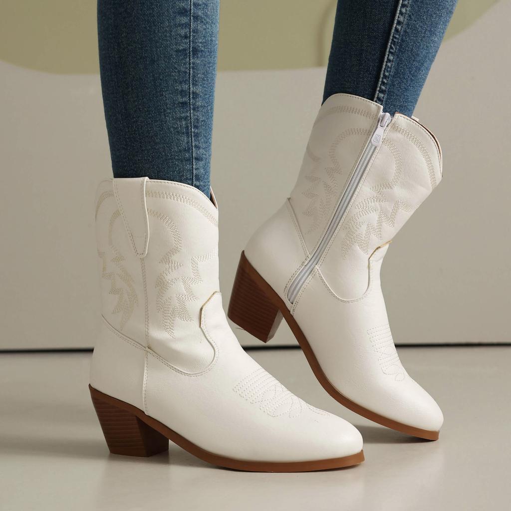 Cowboy Winter Boots for Women Ankle Boots Wide Calf Leather Heels Shoes 2025