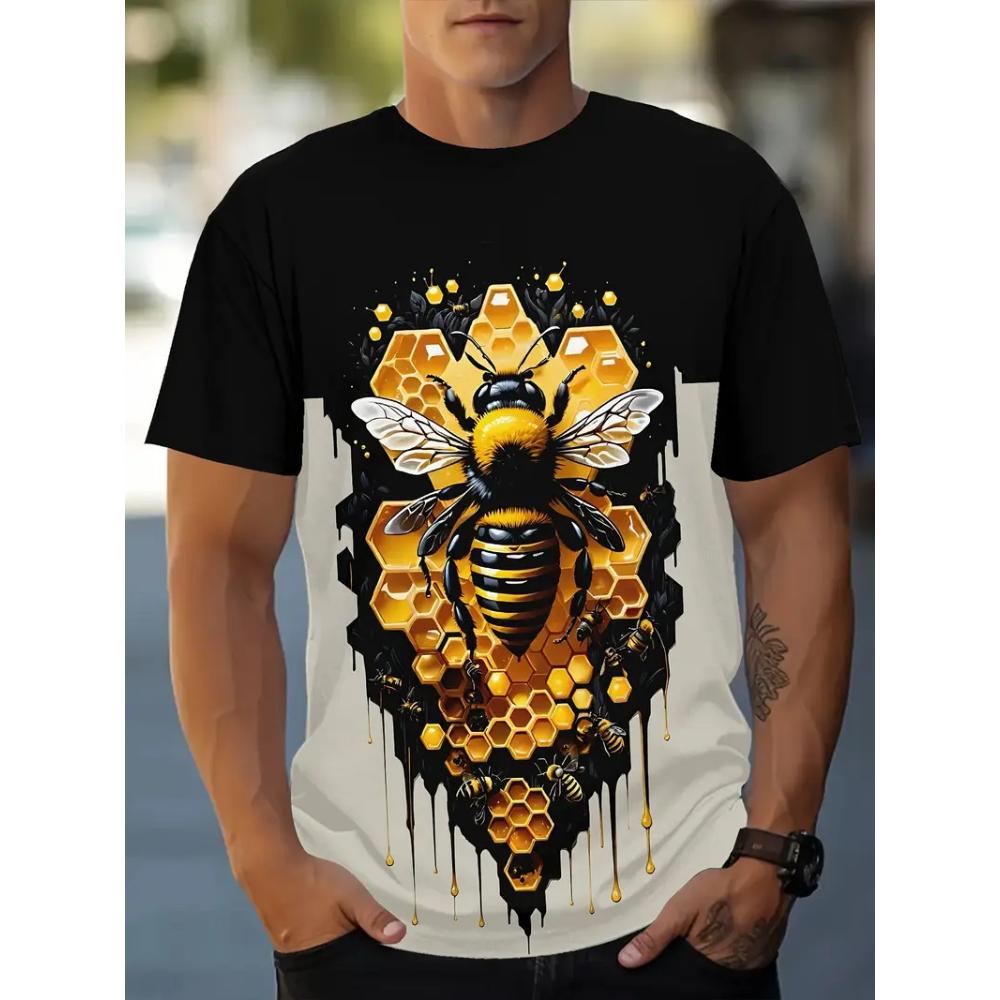 Men's Casual Honeycomb Bee Print T-Shirt Casual Round Neck Short Sleeve Tshirts Clothes New In Funny Bee Graphic T Shirts Tops
