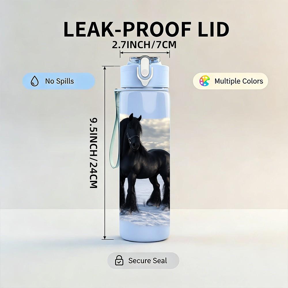 1PC Black Horse Snow Winter Scene Print 750ml Color Plastic Sports Water Bottle Leakproof Flip Straw Lid Suitable for Sports Office Home Use