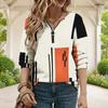 Women Plus Size V Neck Front Zip Long Sleeve Geometric Printed Sweatshirt Off White Black Orange