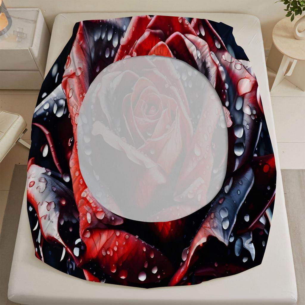3D Fitted Sheets Set Red Flowers Blooming In the Rainy Night Pattern Cute Bedding Set Printed Customized For Girls Kids Decorate