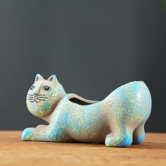 Handgefertigter Retro-Stil Topf Keramik Katze Pflanzgefäß, Niedliche Kätzchen Blume mit Drainageloch, Kaktus Dekorative Pflanze für Sukkulenten Innen Tischregal