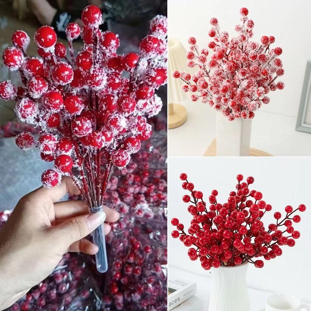10Pcs DIY Red Berry Branche Realistic Christmas Tree Pendant Ornament Fake Plant  Party Supplies