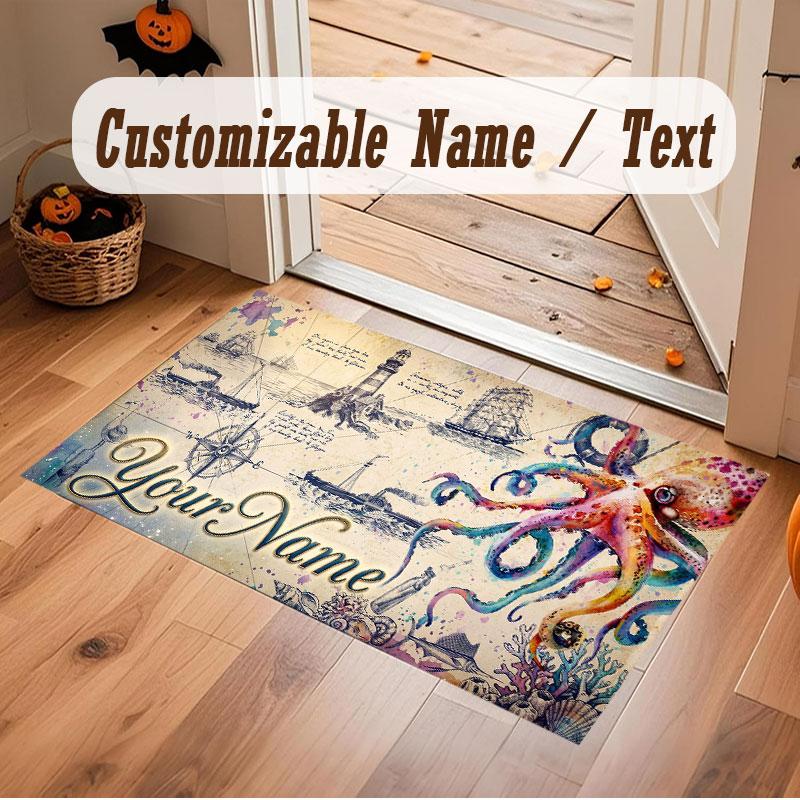 Octopus Sea Life Theme Crystal Velvet Floor Rug Personalized Custom Name Text Warm Carpet Home Decoration