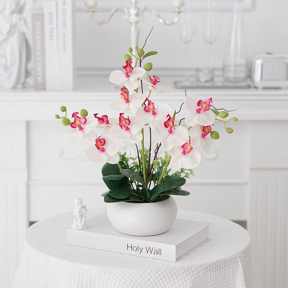 Phalaenopsis Artificial Flower Arrangement in Ceramic Pot – Decorative Faux Orchid for Living Room