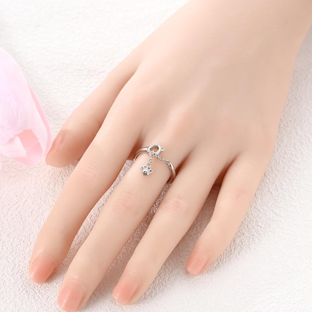 Copper Cute Cat Paw Chain Open Ring For Women Pink Cz Inlaid Dainty Adjustable Animal Fine Jewelry Gift