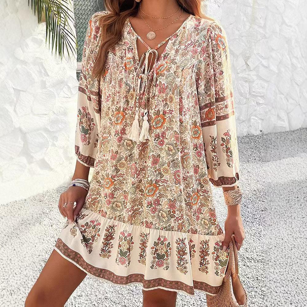 Abito Chemisier Stampato Scollo a V Bohemian Primavera/Estate 2025 per Donna