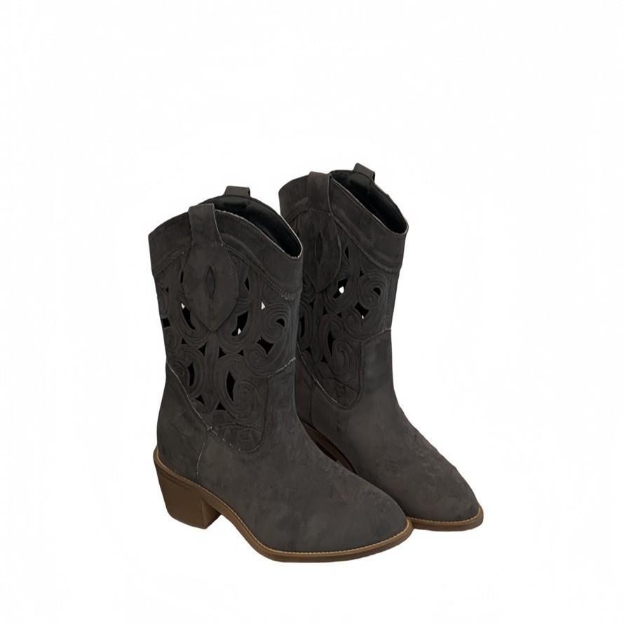 2025 new short boots women's western cowboy boots embroidered hollow women's thick heel V mouth ethnic style retro knight boots women