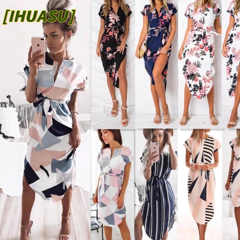 IHUASU Abiti Casual Estivi Primaverili a Manica Corta con Scollo a V