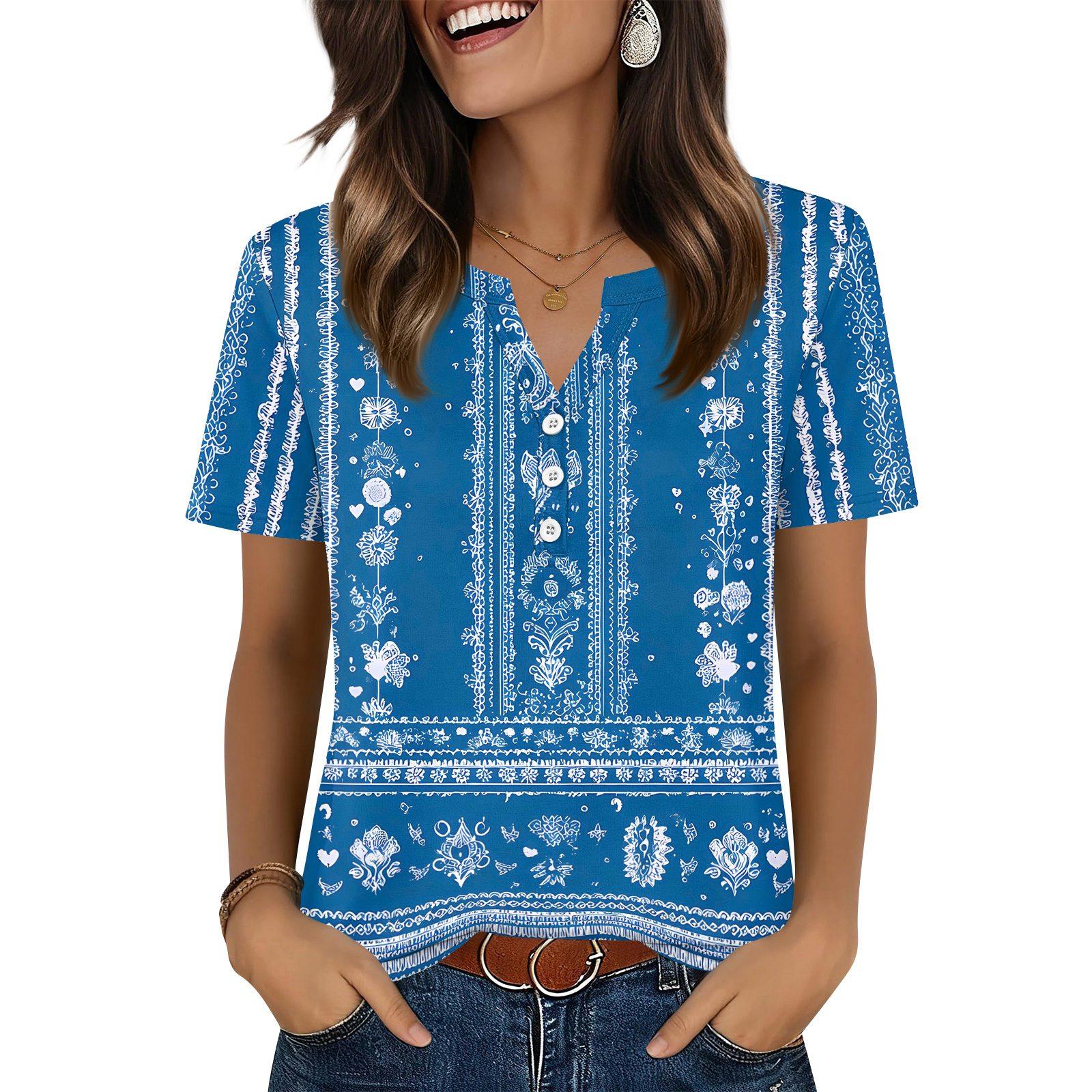 

Women s T Shirt Independence Day Print Button Short Sleeve Daily Weekend Fashion Basic V- Neck Regular Top S синій