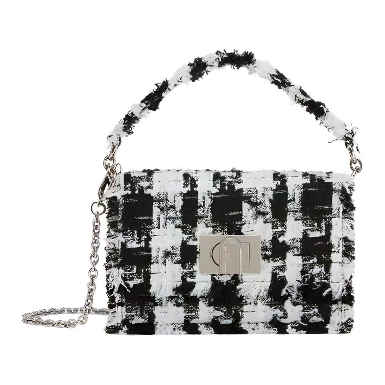 New Furla 1927 Collection Plaid Pearl Velvet Fabric Handbag Shoulder Bag Crossbody Bag Mini Women's White & Black BAFKACO-BX1025-P0100