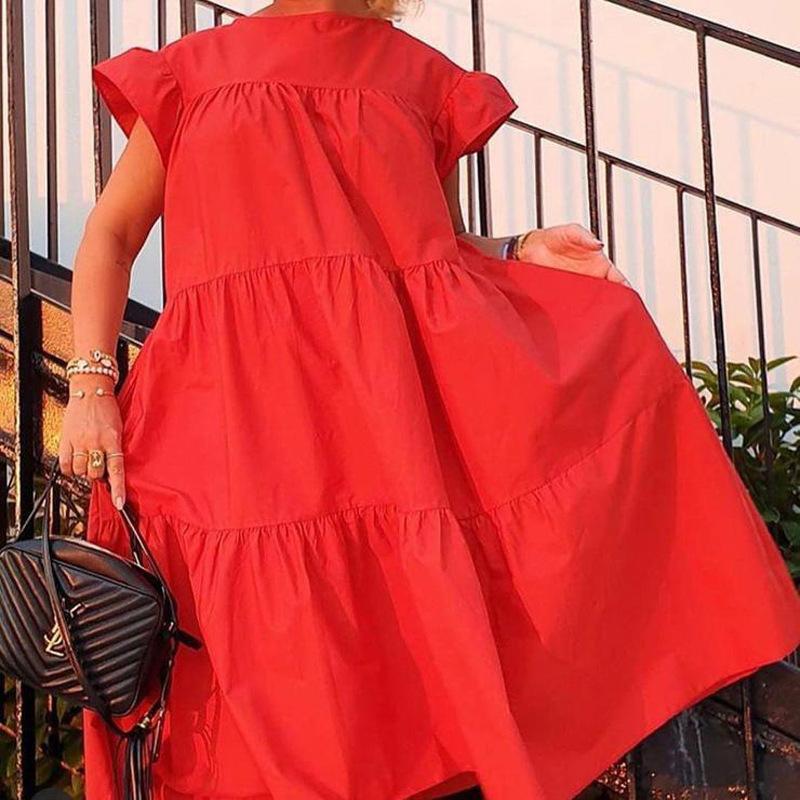 Women Dress Short Sleeve Pleated Long Dresses Fashion Bohemian Dress Solid Loose Summer Dresses
