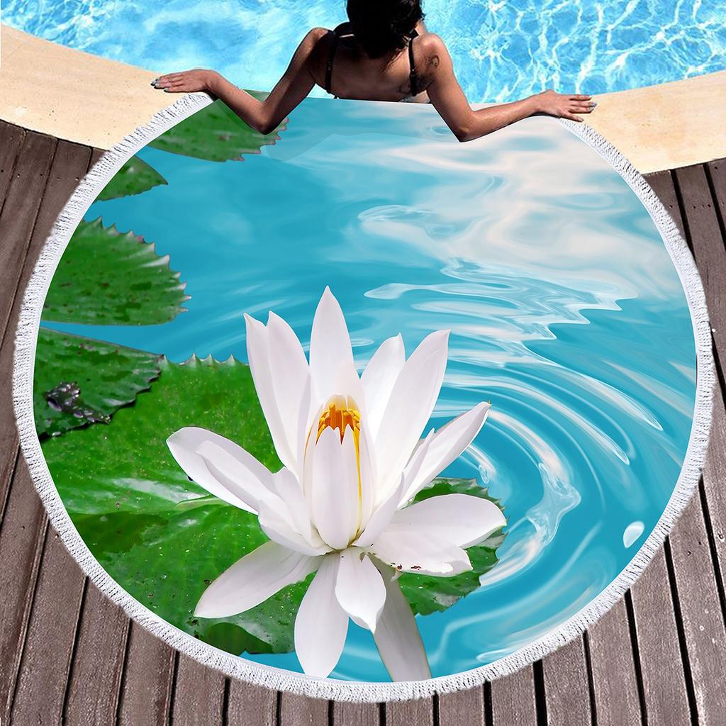 Lotus Pattern Round Beach Blanket, Microfiber Quick Dry Towel with Tassels for Picnic Bathroom Pool Surfing Outdoor Meditation