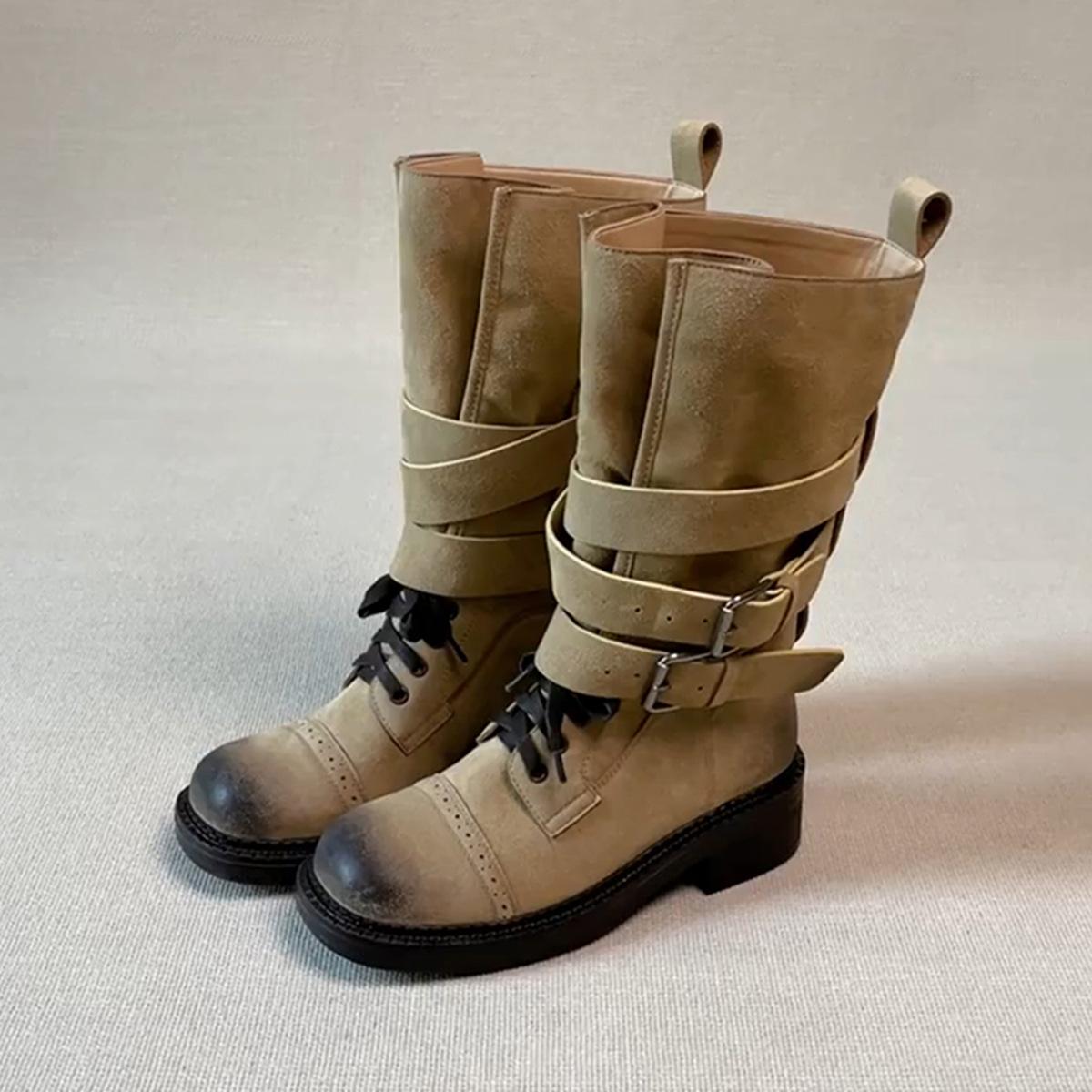 

Sheepskin version~ Lazy fashion retro sheepskin lace-up locomotive boots women s design belt buckle medium tube thick heel knight boots 35 хаки