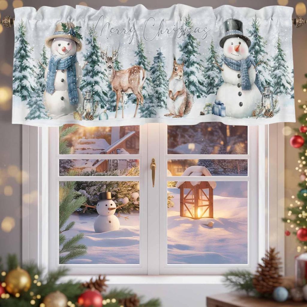 Christmas Valance for Windows Snowman Short Kitchen Curtains for Living Room Over Sink Deer Squirrel Merry Christmas Tree Topper Window Treatment