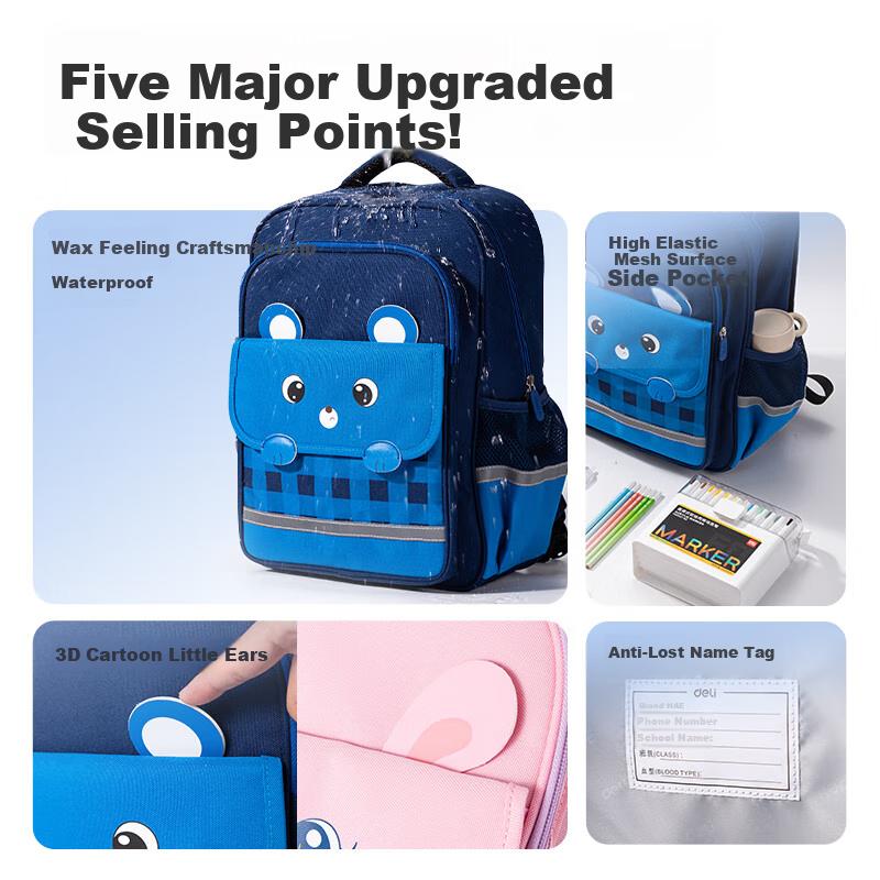 Deli Deli Academy Series Elementary School Simple And Stylish Backpack, Blue Bear, Grades 1-3