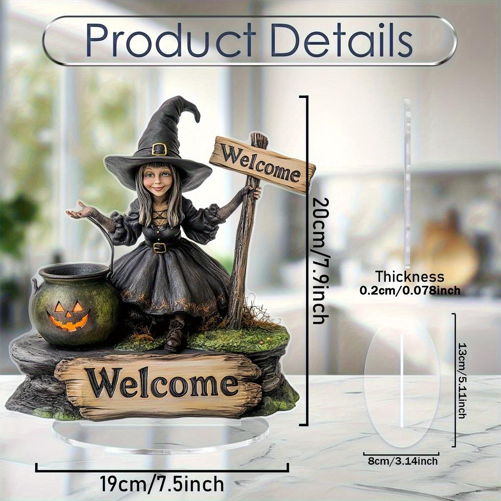 2D Flat Halloween Witch Pumpkin Acrylic Decoration - with Welcome Logo, Vintage Tabletop Ornament with Base, Perfect Halloween Gift