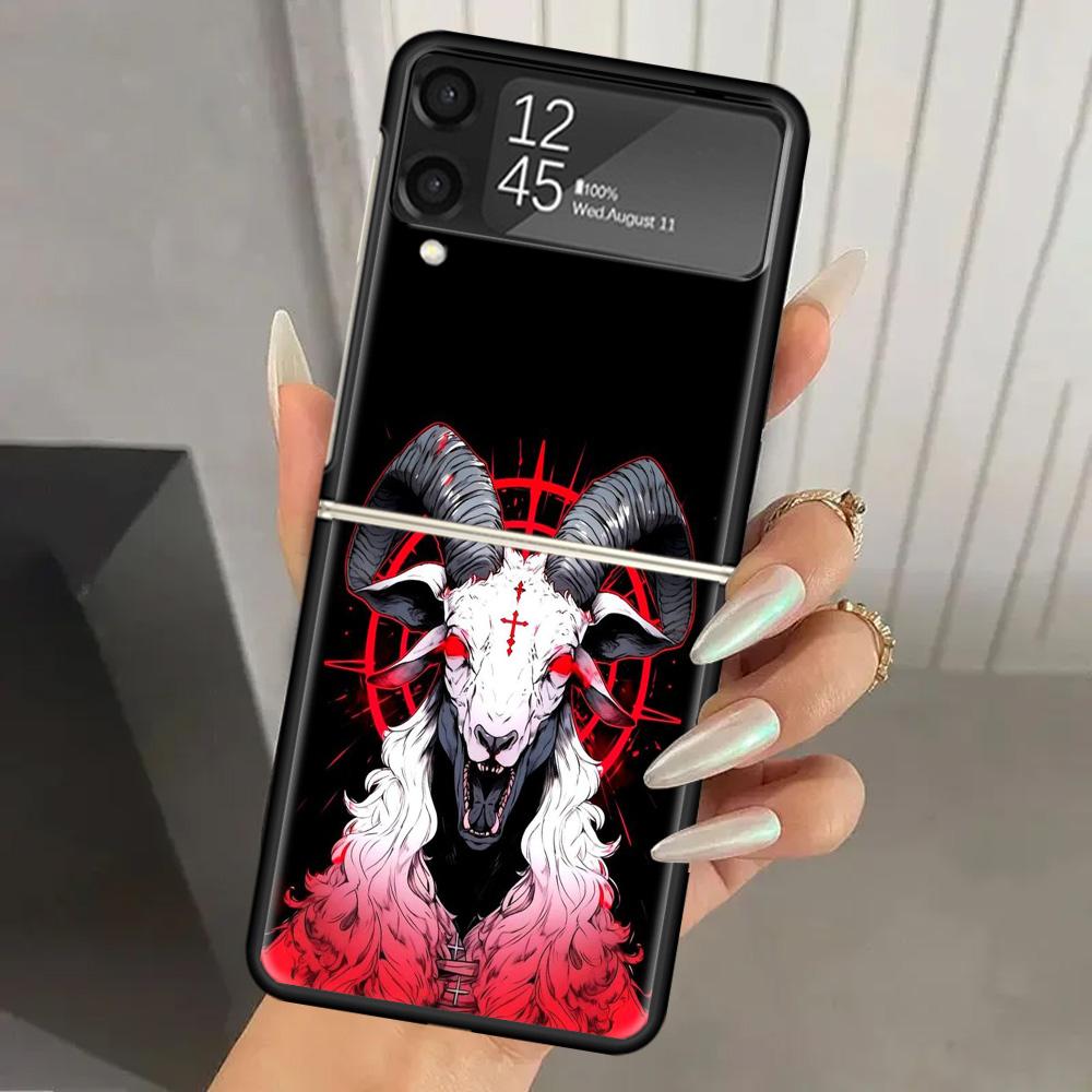 Satanic Goat Satan Devil Hard PC Phone Case For Samsung Galaxy Z Flip 7 6 5 4 3 Black ZFlip7 ZFlip6 Flip5 Flip4 Flip3 5G Print C