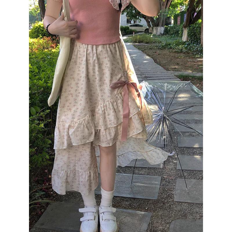 zZZZ Floral Bow Drawstring Midi Skirt - Irregular Hem, High Waist A-Line for Petites, Girly Style