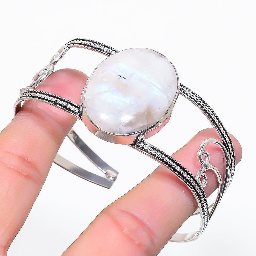 Natural Moonstone Gemstone 925 Sterling Silver Cuff Bangle Adjustable D8S36