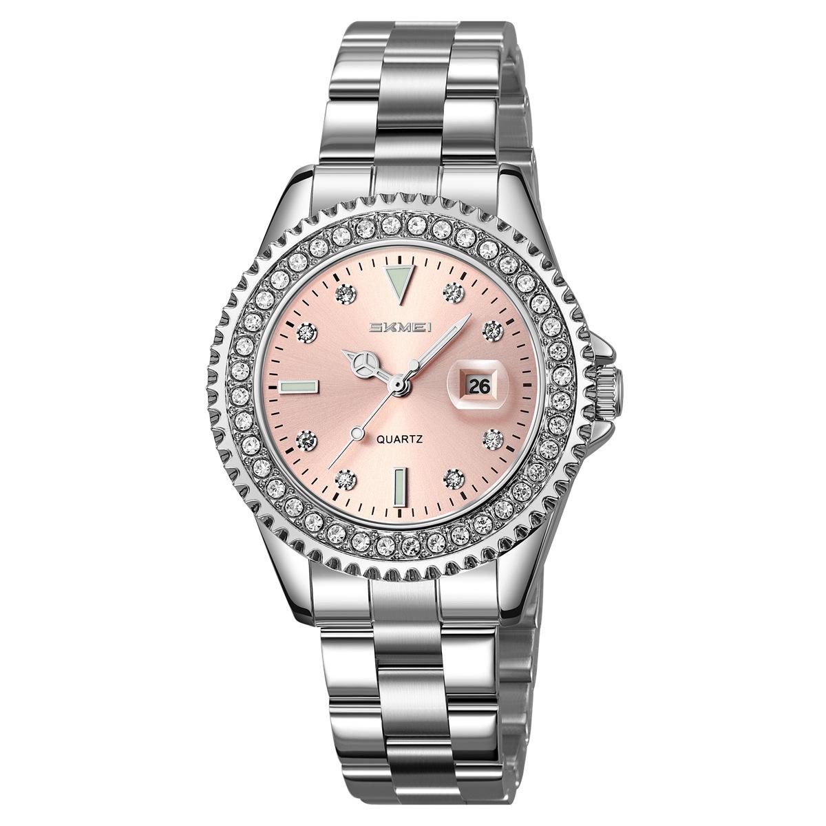 SKMEI 9416 Officially Authorized Women s Quartz Watch, Pink Dial Crystal Bezel Stainless Steel, 30M Waterproof Date Business Casual Watch розовый