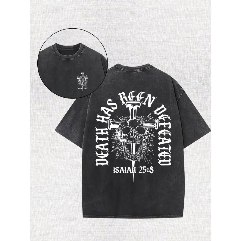 Men's Faith T-Shirt - "Death Has Been Defeated" Skull & Cross Back Print , Vintage Washed , Loose Fit Drop Shoulder Streetwear, Concerts & Casual Wear