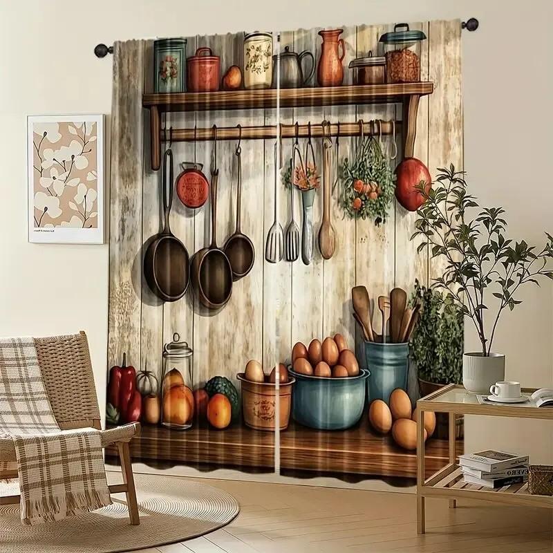 2pcs Rustic Kitchen Utensil Curtains   Design Drapes for Window  Home Decor   Rod Pocket Curtains