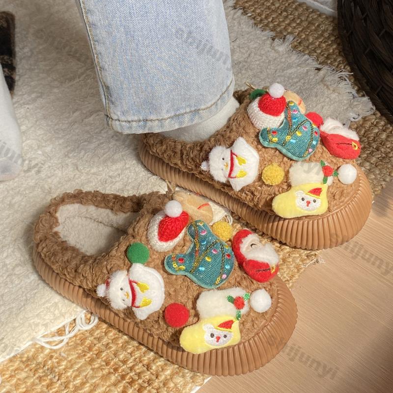 Fashion Women Cute Cartoon Snowflake Christmas Cotton Slippers Ladies Winter New Anti-slip Winter Warm Indoor Home Floor Fluffy Slides