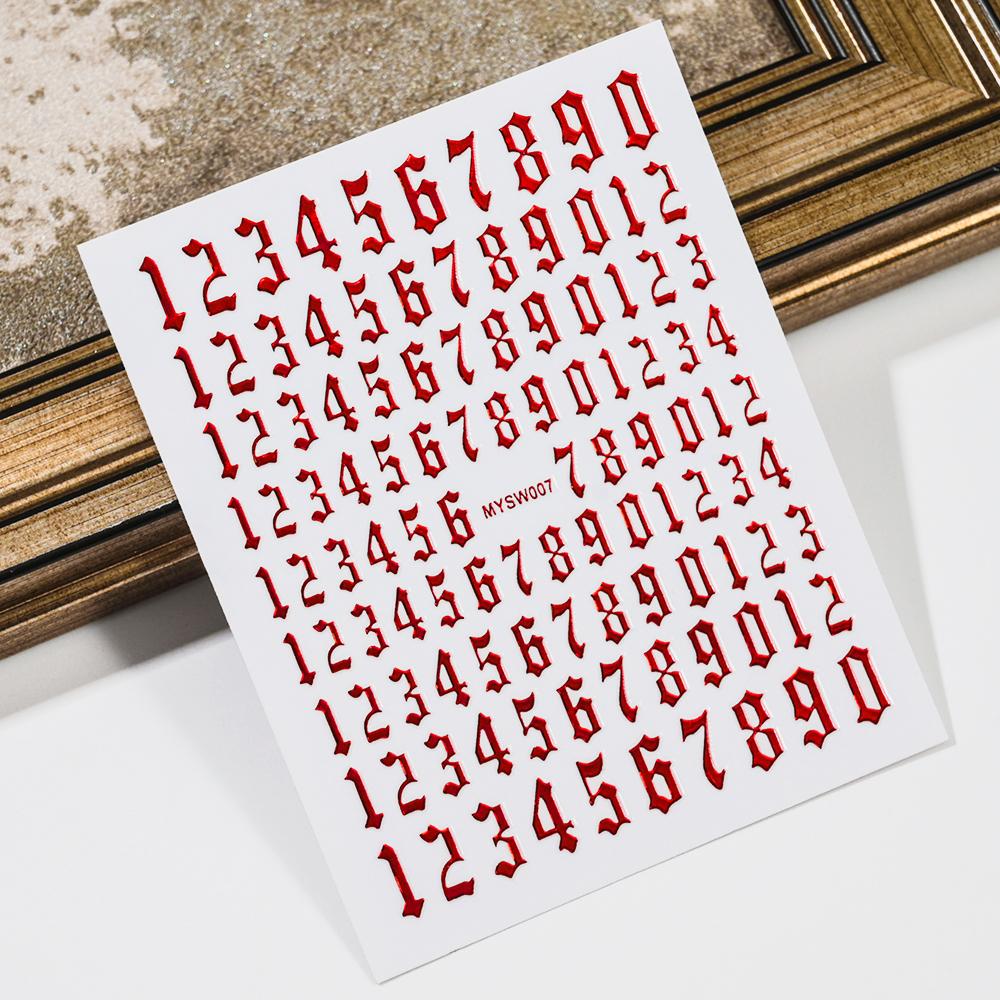3D(0-9) Numbers Nail Sticker Black White Gold Silver Retro Numbers Nail Decals 8*10 Self-Adhesive Personalized Letter Nail Decor