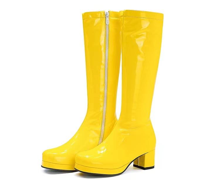 

Women s Boots Candy Color Patent Leather White Side Zipper Knee-High Boots Round Toe Square Heel Size 34-43 Yellow Purple Orange 34 жовтий