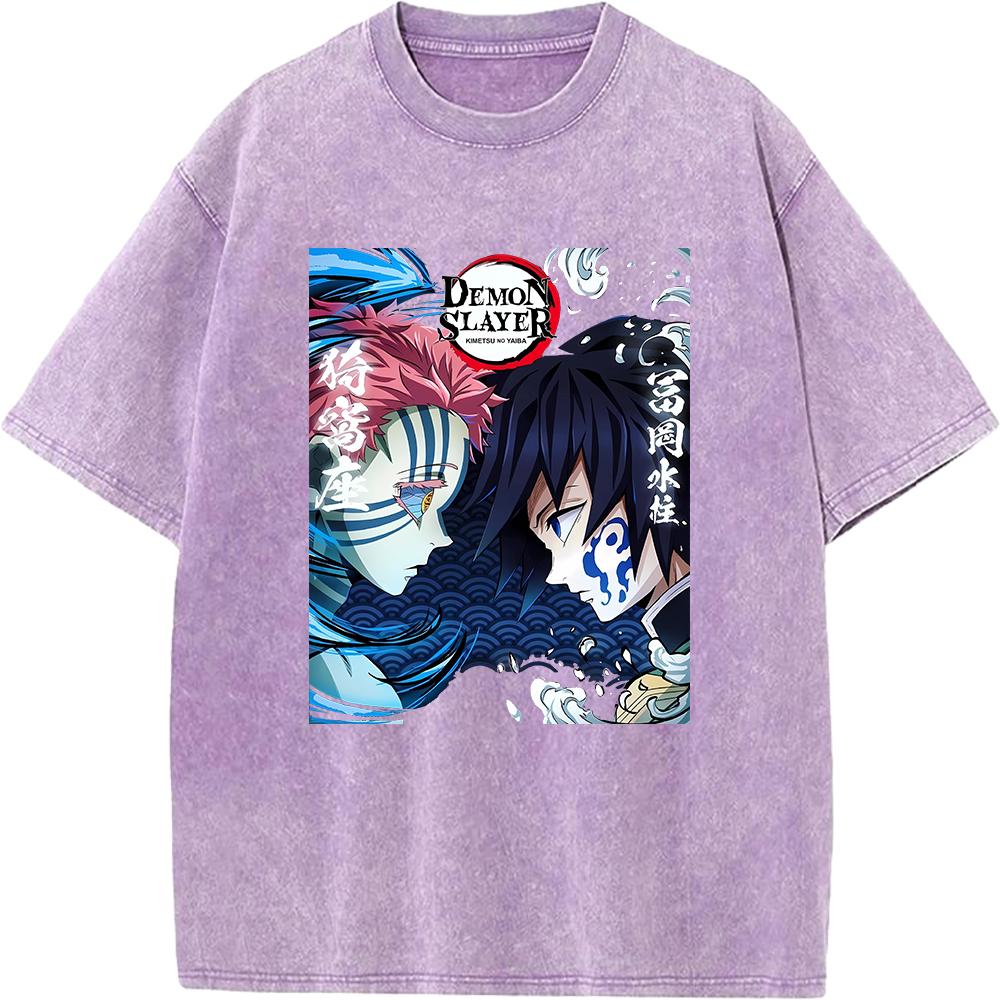 Anime Demon Slayer Tomioka Giyuu Akaza Graphic Tee Men Women Retro Washed T-shirts Cotton Manga T Shirt Harajuku Casual Tshirt
