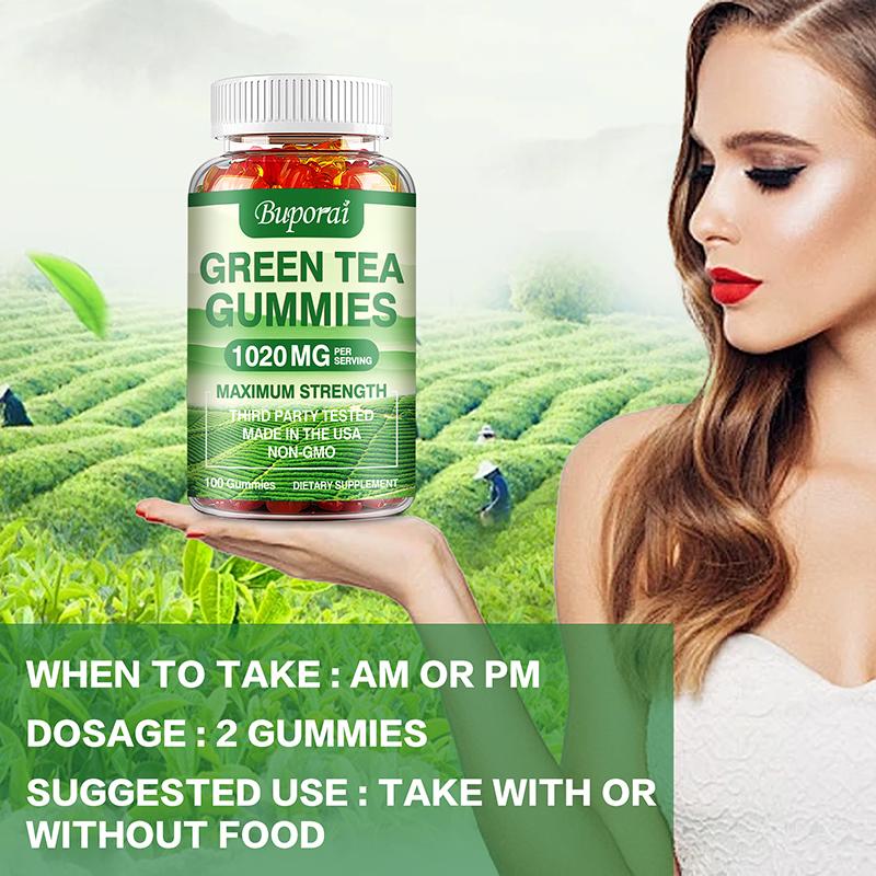 Green tea gummies; 1,020 mg per serving; contains Garcinia Cambogia, raspberry ketone, and coffee bean extract; promotes digestion.