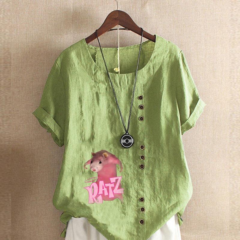 

Женская модная футболка с круглым вырезом и коротким рукавом, повседневная рубашка из хлопка и льна с рисунком, свободная летняя блузка с розовым принтом и мышиным принтом 5XL зелёный
