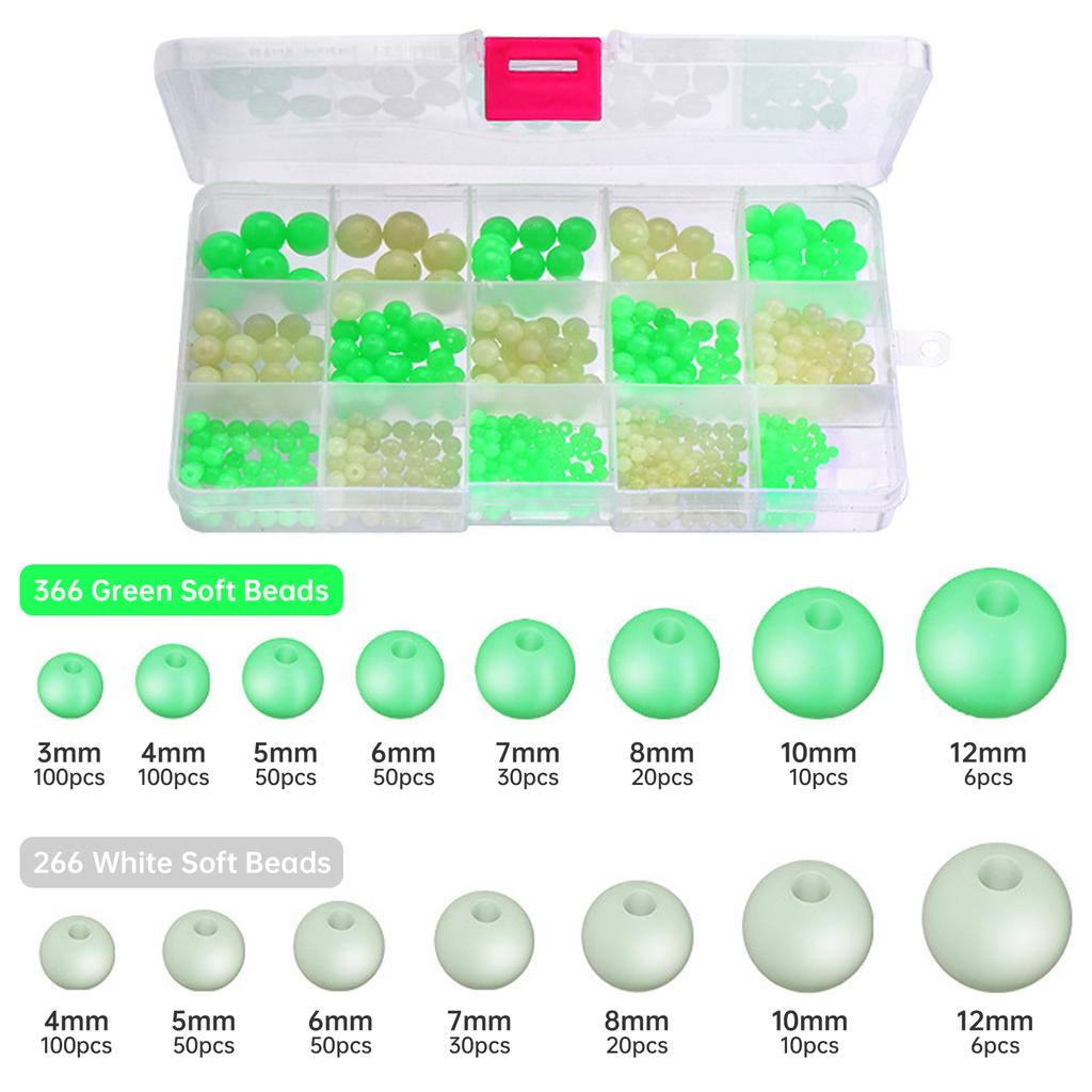 Fishing Beads,632 pcs Round Luminous Glow Rubber Soft Fishing Beads with Plastic Box, Multiple Sizes Sea Fishing Tackles