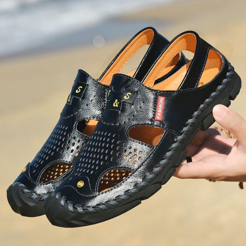 Fashion 2025 Men Genuine Leather Shoes Men's Sandals Durable Handmade Stitching Close Toe Non Slip Shoes For Indoor Outdoor Beach