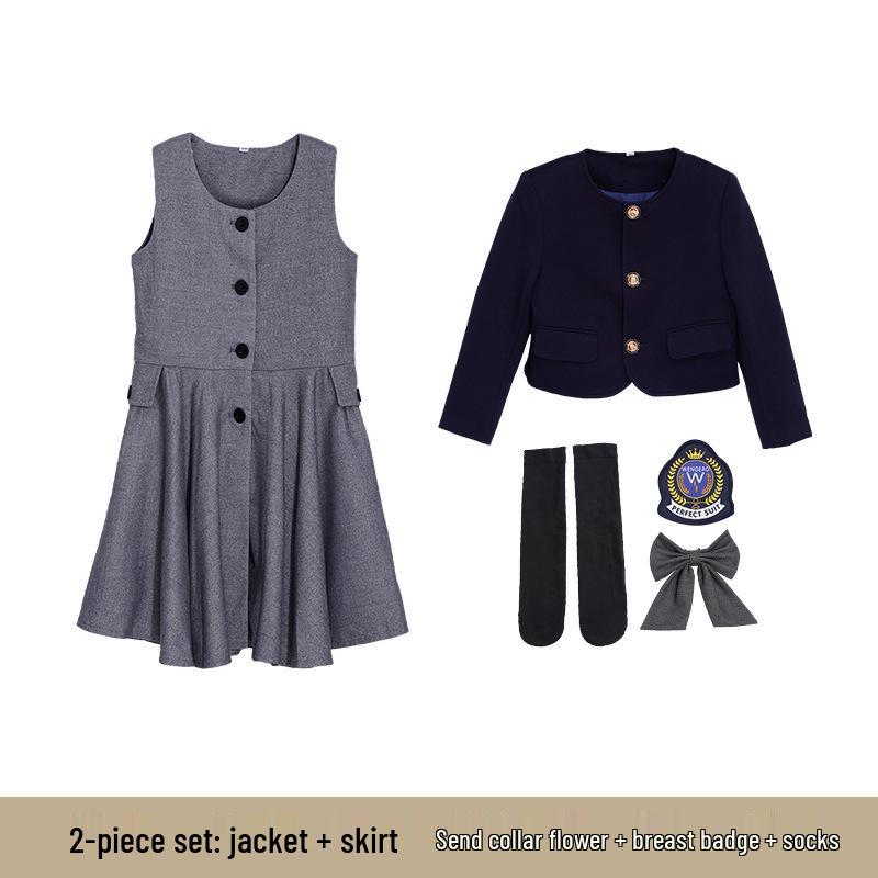 Children's Academy Style Formal White Shirt & Navy Jacket Suit Set for Elementary School Girls