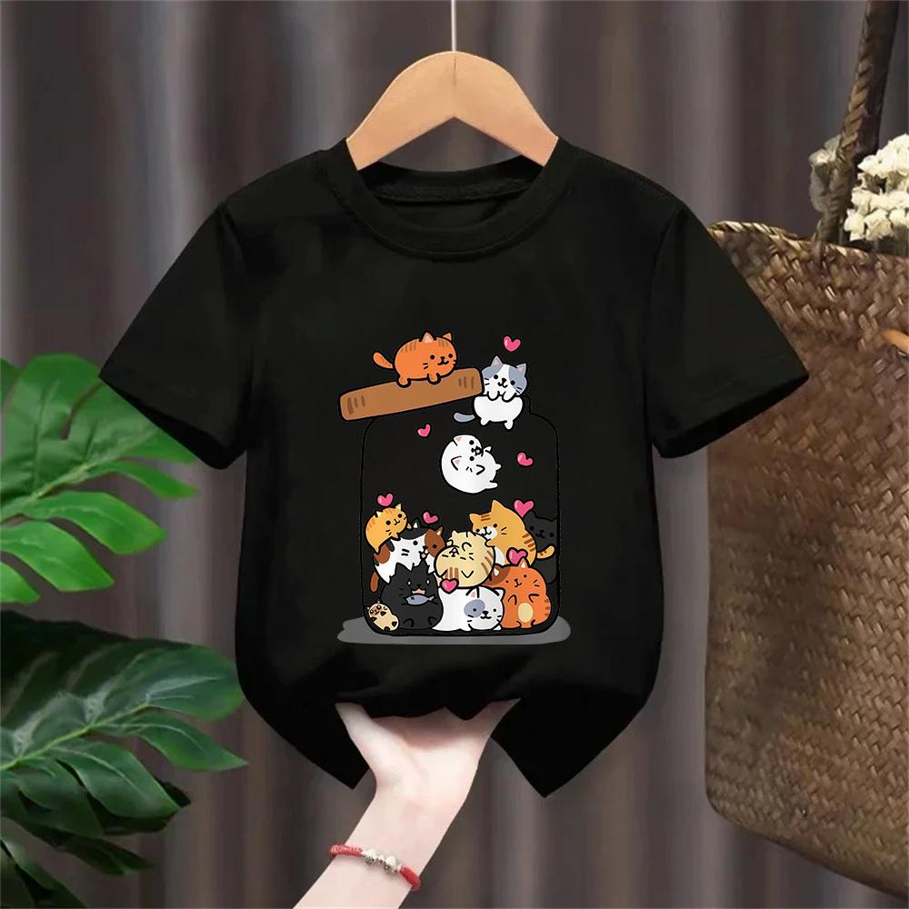 Fashion Funny Cat T Shirt Kids Letter Print Short Sleeve Round Neck Boys Girls Casual Summer Breathable Tshirt