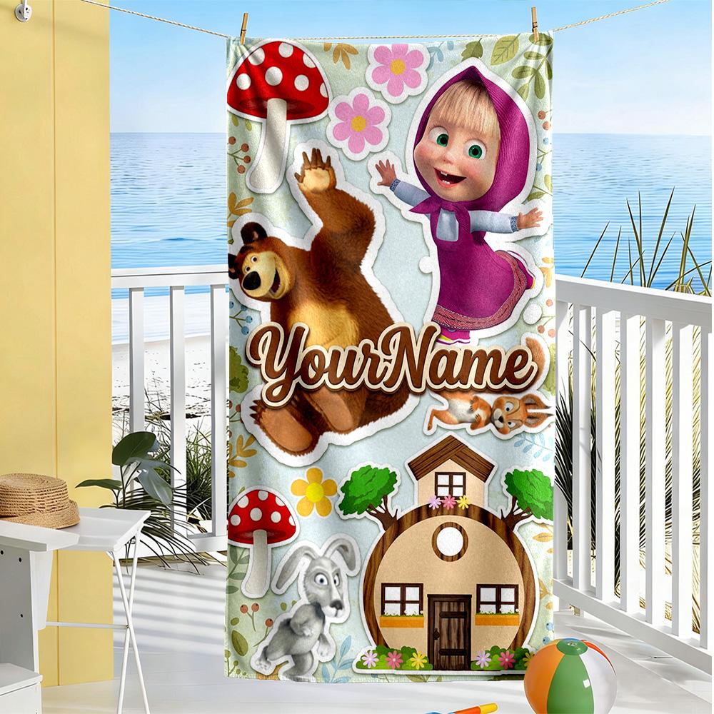 Masha Bear Customize Text Beach Towel Soft Durable Quick-Dry Perfect for Traveling Yoga Camping and Swimming