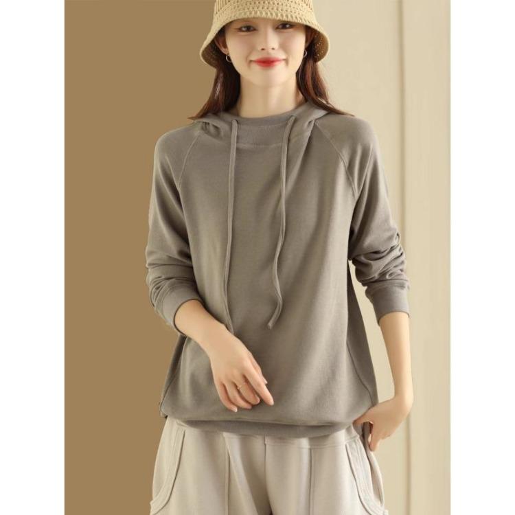 

Autumn Women Loose Pullover Hooded Long Sleeve T-Shirt Casual Solid Top Tee New 2XL бежевий